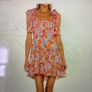 Sundress Pippq Short Smocked Dress in Floral Orange Dress with Pom Poms xs/s